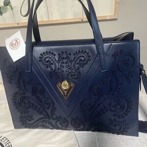 Valentino Orlandi Navy Embroidered Satchel with Gold V Emblem